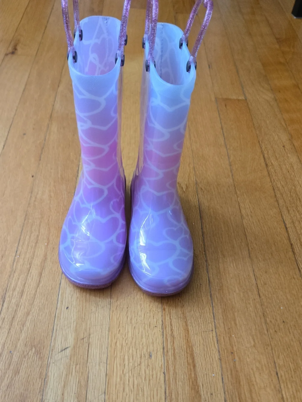 Western Chief Pink and Purple Heart Pattern Kids Rain Boots with Glitter Handles
